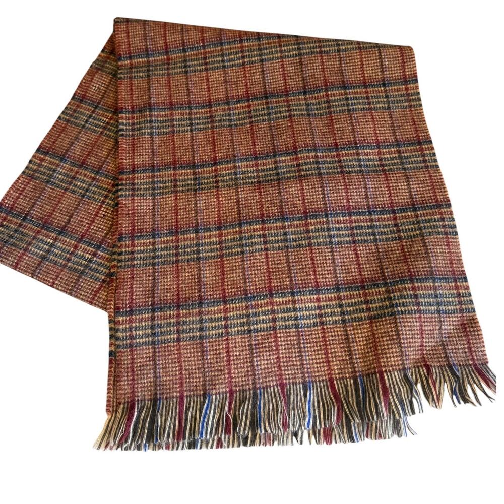 Vintage Johnston of Elgin Scotland Wool Fringed Scarf Burgundy Plaid